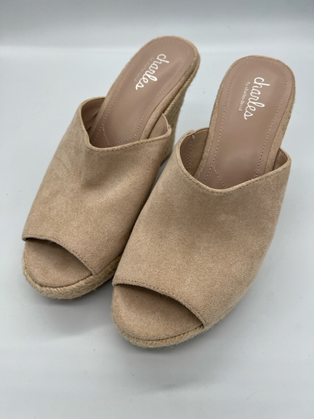Charles by Charles David Tan Suede Open-Toe Espadrille Wedge Mules